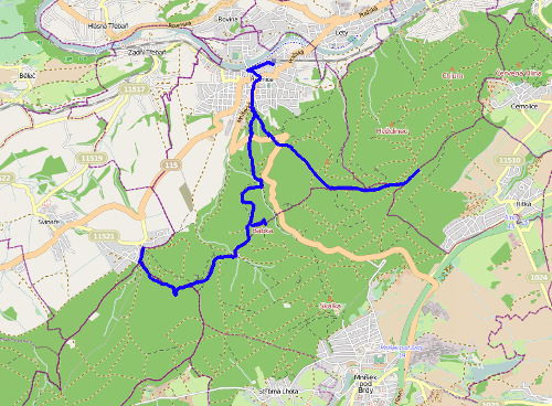 Mapa MTZ vyznačené trasy z roku 2012, mapový podklad OpenStreetMap