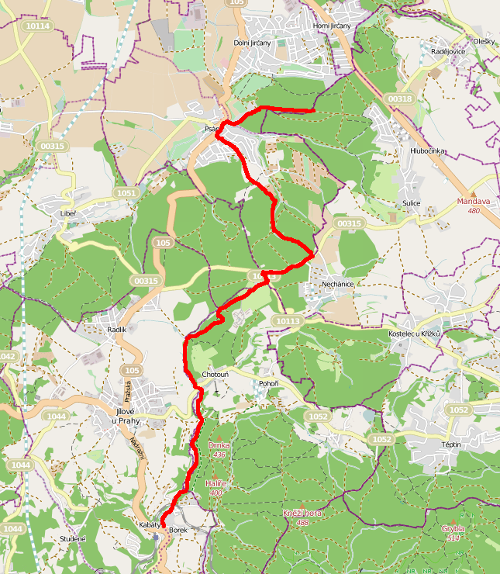 Mapa se znázorněným vyznačeným úsekem ČTZ Dolní Jirčany - Borek, mapový podklad OpenStreetMap