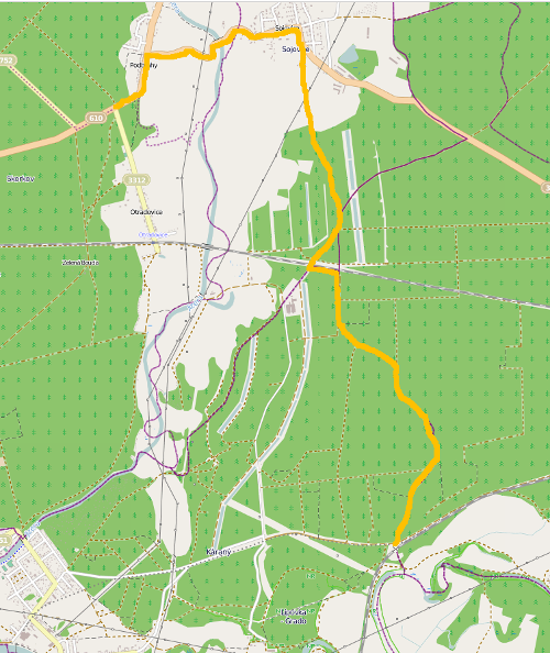 Mapa se znázorněným vyznačeným úsekem ŽTZ Svatý Václav - Podbrahy, mapový podklad OpenStreetMap
