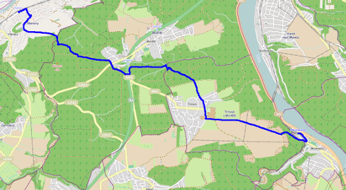 Mapa se znázorněným vyznačeným úsekem MTZ Všenory - Měchenice, mapový podklad OpenStreetMap