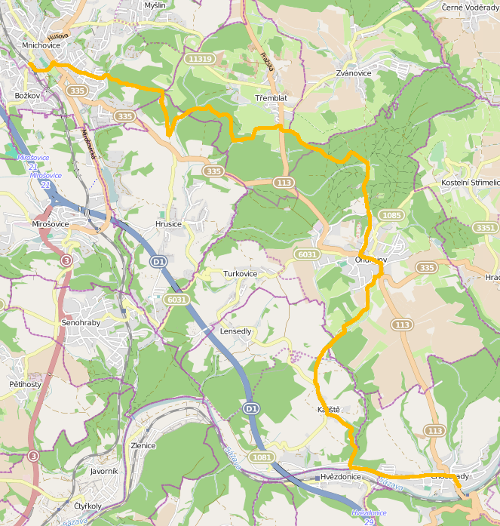 Mapa vyznačené trasy v roce 2014, mapový podklad OpenStreetMap