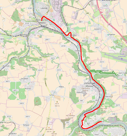 Mapa ČTZ vyznačené trasy z roku 2016, mapový podklad OpenStreetMap