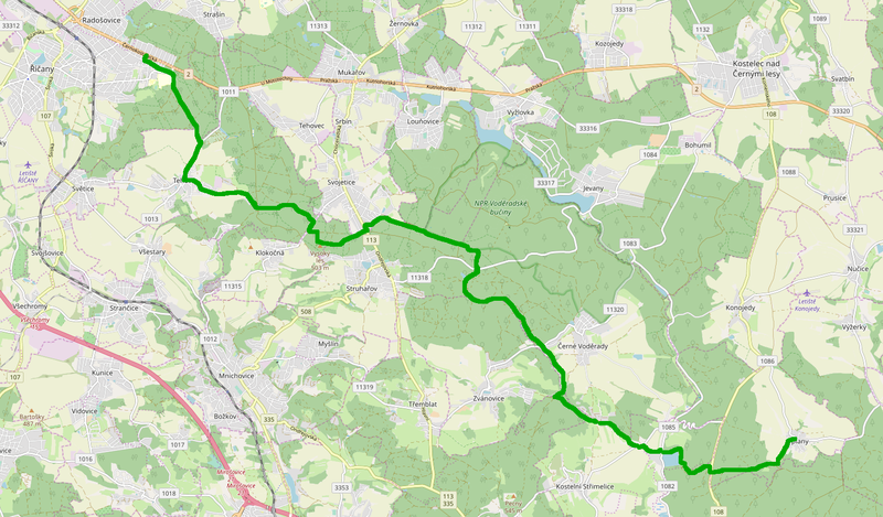 Mapa ŽTZ vyznačené trasy z roku 2018, mapový podklad OpenStreetMap